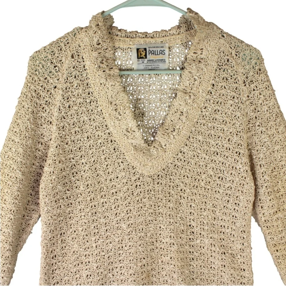 Vtg Pallas Original Hand Loomed Irish Linen Sweater Cottagecore Boho M V Neck